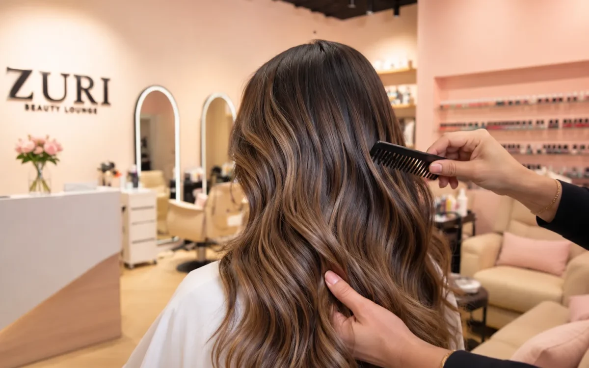 Stylist blow-drying a client's hair in a salon