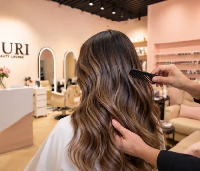 Stylist blow-drying a client's hair in a salon