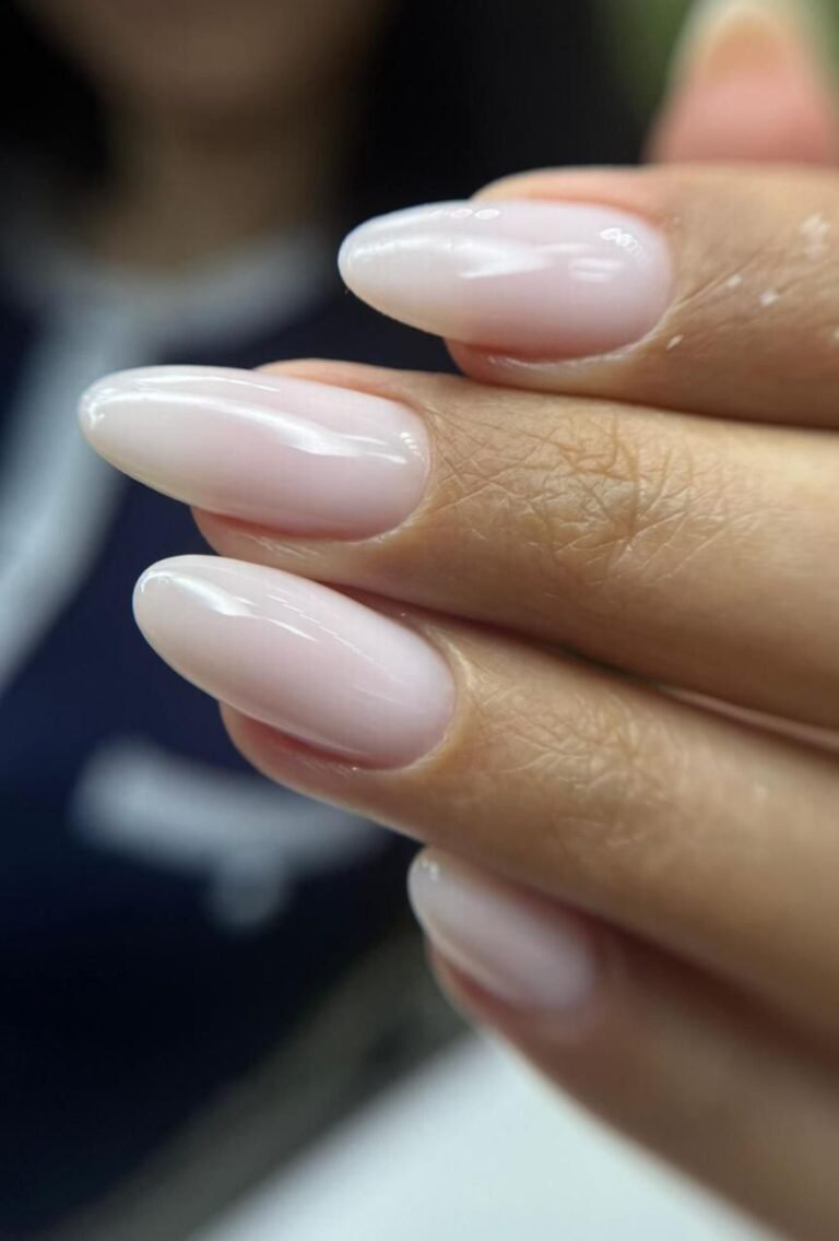 Nude almond gel nails at Zuri nail salon in Jumeirah