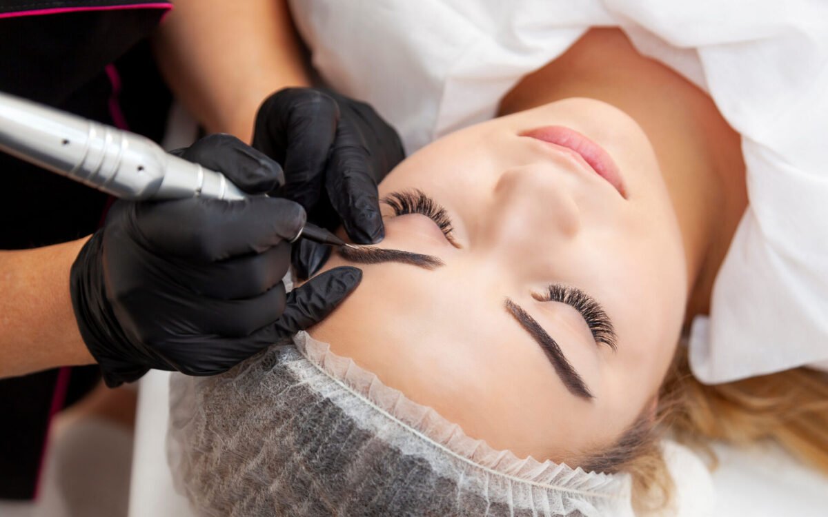 Close-up of an eyebrow lamination treatment in progress