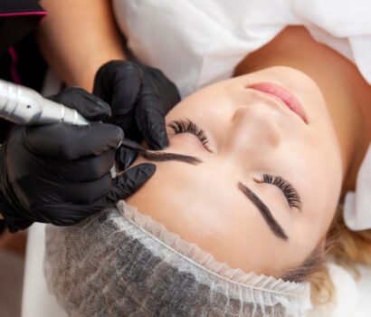 Close-up of an eyebrow lamination treatment in progress